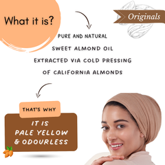 An informational graphic for sweet almond oil. It features a smiling woman wearing a beige head wrap on the bottom right, alongside text explaining that the product is extracted from California almonds via cold pressing and is pale yellow and odorless.