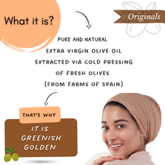 An informational graphic for a skincare product featuring a woman wearing a beige head wrap on the right, with text explaining the product is made from cold-pressed extra virgin olive oil from Spain. The graphic has a warm color palette with orange, brown, and white sections.