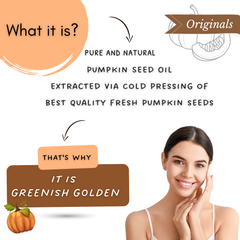Promotional graphic about pure pumpkin seed oil with a woman's face and text explaining the oil's properties.