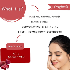Promotional graphic for beetroot powder. It features a woman with a glowing face on the right, text explaining that the product is made from dehydrating and grinding fresh homegrown beetroots, and a small image of sliced red beetroots on the bottom left.