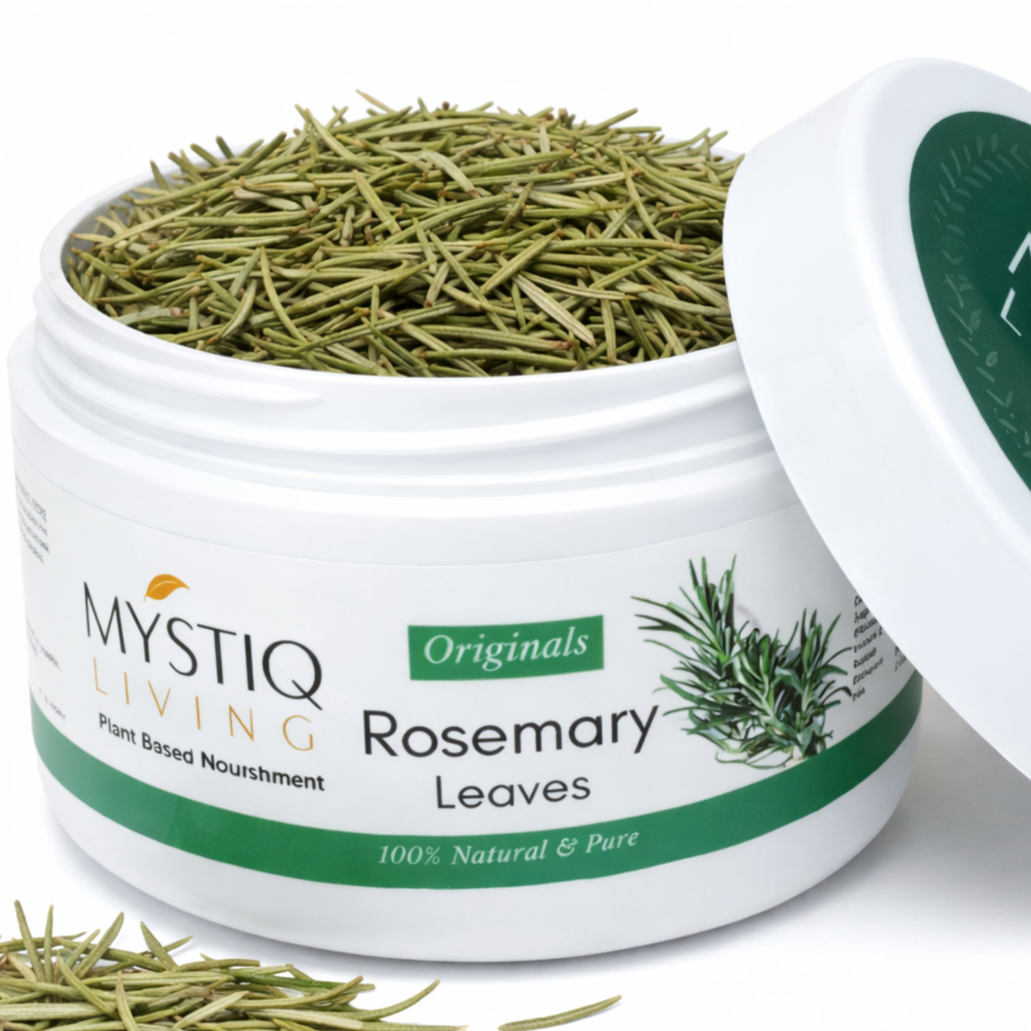 Container of rosemary leaves with 'Mystiq Living' branding on a white background
