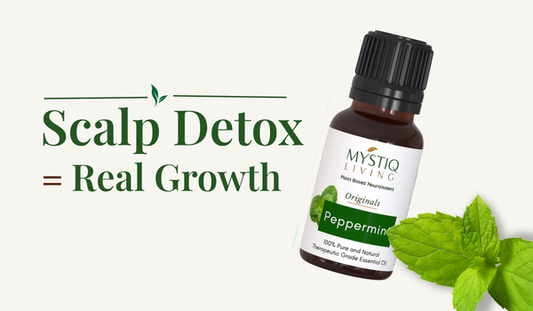Mystiq Living peppermint essential oil promoting scalp detox for healthier hair growth and a cleaner, refreshed scalp naturally.