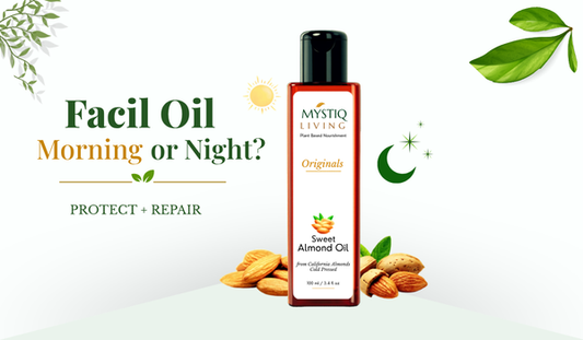 Mystiq Living Sweet Almond Facial Oil for morning and night skincare, helping protect, repair, and nourish skin naturally.