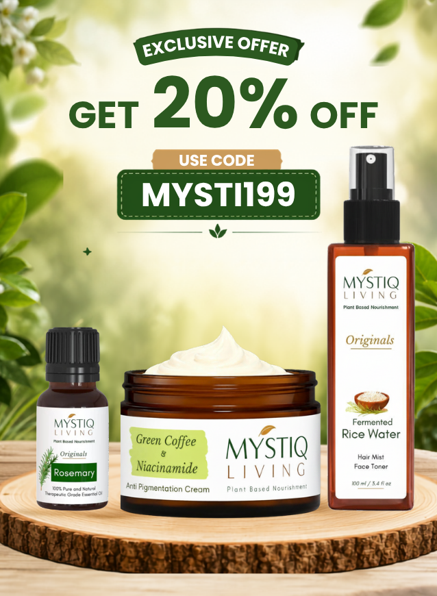 Mystiq Living natural skincare and hair care products featuring Green Coffee Face Cream, Rosemary Oil, and Rice Water products for smoother, brighter, healthier-looking skin and stronger, healthier hair with a 20% off offer.