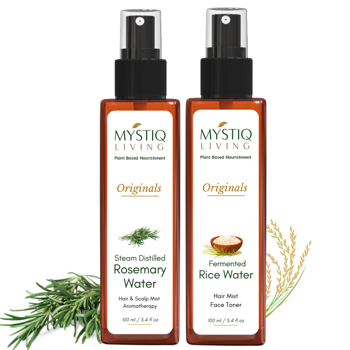 Mystiq Living Rosemary and Rice Water Hair Spray for Regrowth - Pack of 2(200 ML) | Fermented Rice Water, Steam Distilled 100% Pure and Natural Hydrosol