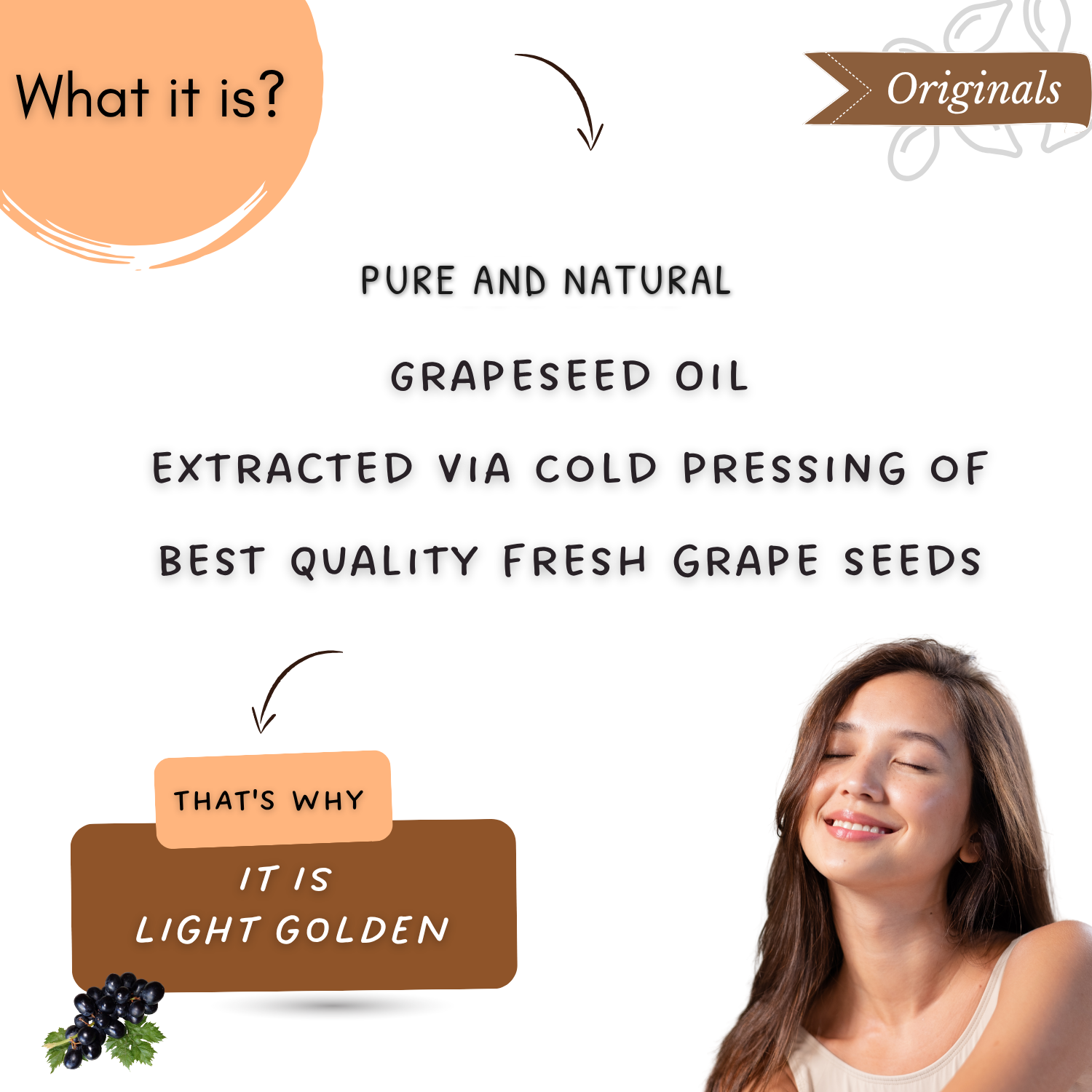 An informational graphic for grapeseed oil explaining its origin and color. The text reads 'What is it?' and 'Pure and natural grapeseed oil extracted via cold pressing of best quality fresh grape seeds.