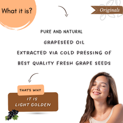 An informational graphic for grapeseed oil explaining its origin and color. The text reads 'What is it?' and 'Pure and natural grapeseed oil extracted via cold pressing of best quality fresh grape seeds.