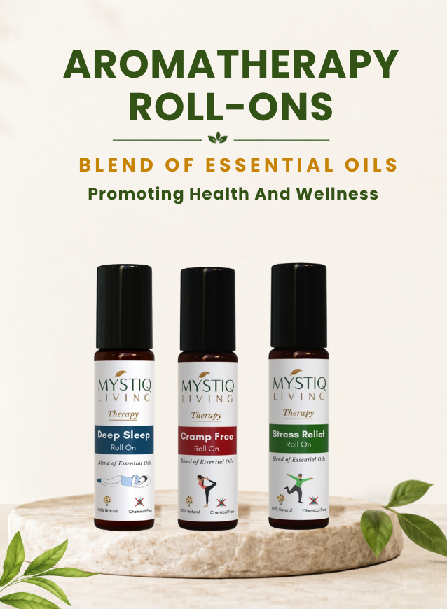 Mystiq Living aromatherapy roll-ons including Deep Sleep, Stress Relief, and Camp Free blends for relaxation, wellness, and everyday balance.
