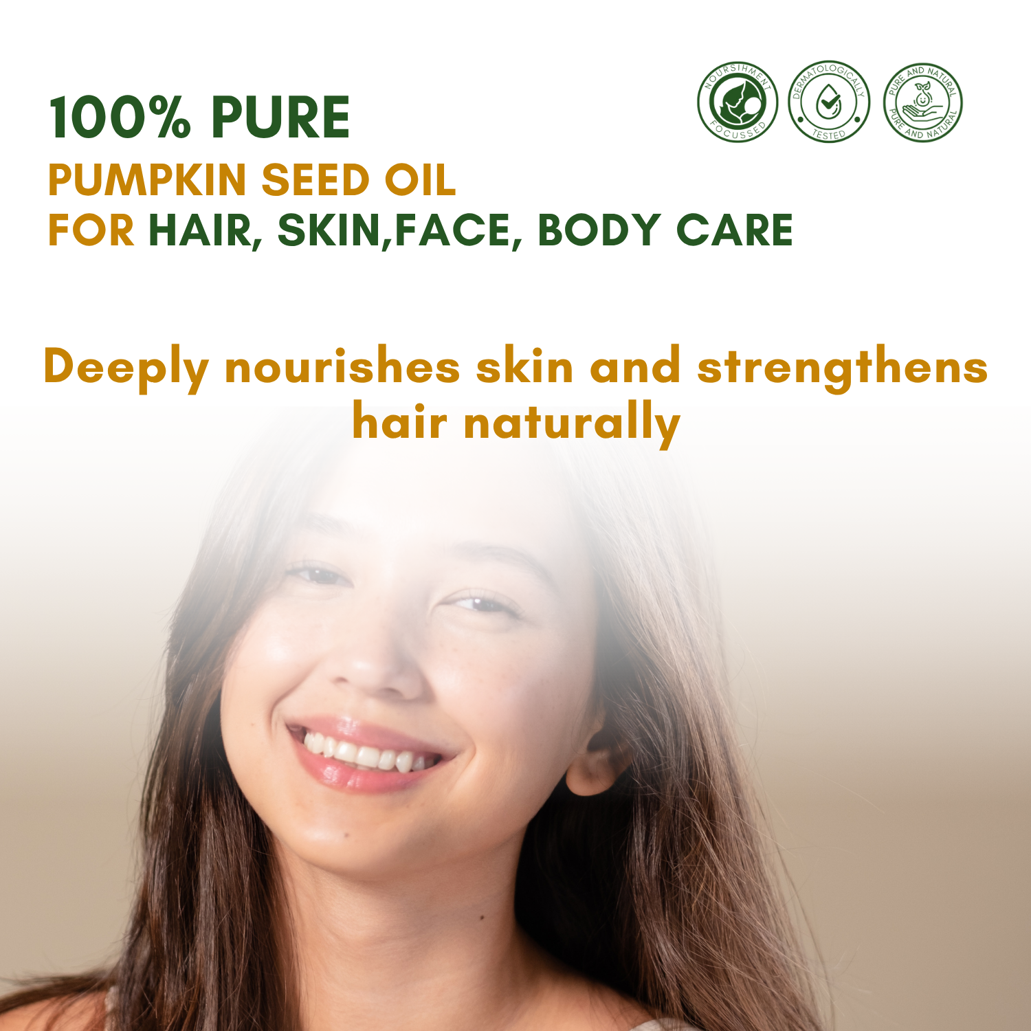 Advertisement for 100% pure pumpkin seed oil with a woman's face and text about its benefits.