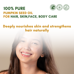 Advertisement for 100% pure pumpkin seed oil with a woman's face and text about its benefits.