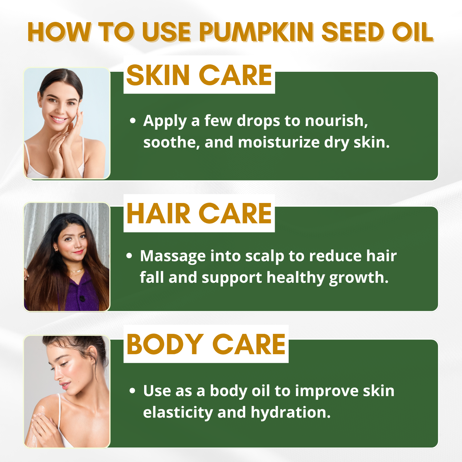 Infographic on pumpkin seed oil usage for skin, hair, and body care.