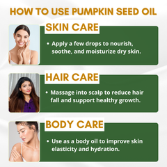Infographic on pumpkin seed oil usage for skin, hair, and body care.