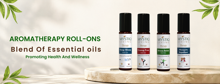 Mystiq Living essential oils set featuring lavender, rosemary, peppermint, and tea tree oils for aromatherapy and wellness.