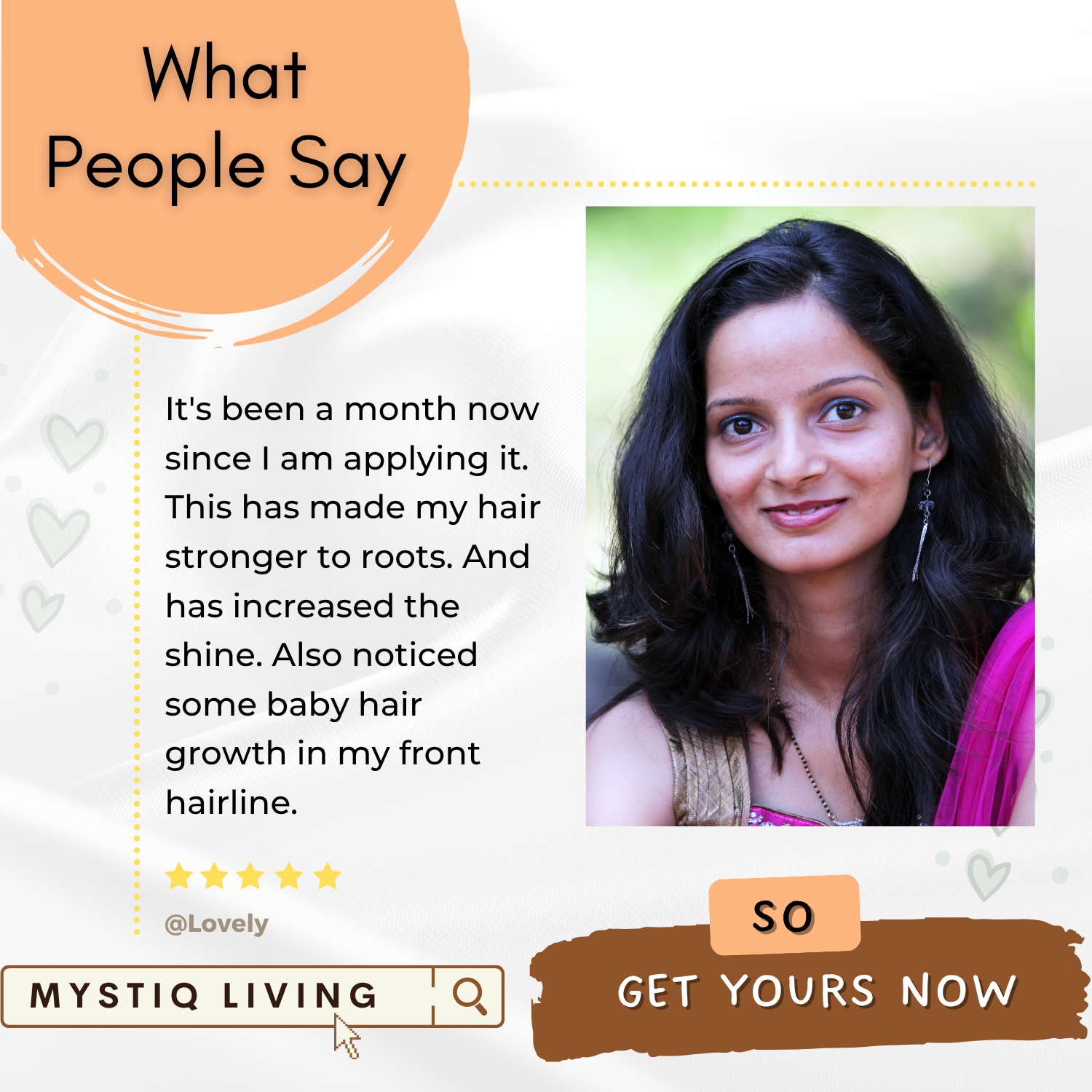 Woman with long dark hair and a pink top, with text and branding elements on a white background.