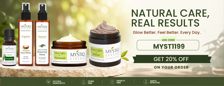 Mystiq Living natural skincare and hair care products including rosemary water, face cream, and face scrub with a 20% off offer.
