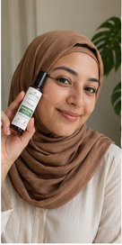 A woman wearing a brown hijab holds up a small bottle ofmystiq living stress releif roll on against a soft beige background with a green plant leaf in the corner.