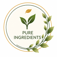 A circular graphic with the words 'PURE INGREDIENTS' in dark green text, featuring green leaf illustrations and a gold leaf accent on a light cream background.