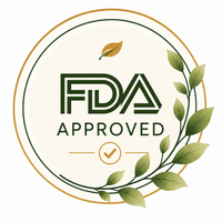 FDA Approved badge graphic with green and gold text and leaf illustrations on a white background.