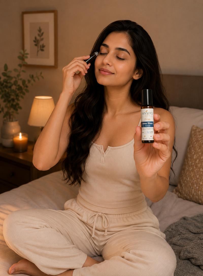 A woman in beige loungewear sits on a bed in a warmly lit bedroom, holding a small bottle labeled 'mystiq living deep sleep roll on' and applying that skincare product to her face.