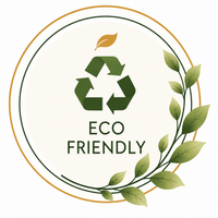 An eco-friendly circular badge featuring a green recycling symbol, a small golden leaf, and the words 'ECO FRIENDLY' surrounded by green leaves on a white background.