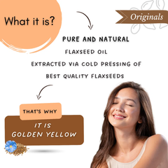 An informational graphic for Originals brand flaxseed oil. It features a smiling woman on the right, with text explaining that the golden yellow color comes from cold-pressed flaxseeds.