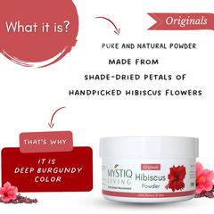 A white plastic jar of Mystiq Living Originals Hibiscus Powder shown on a white background with marketing text and decorative red graphics explaining the deep burgundy color of the powder.