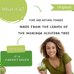 Promotional graphic for a green powder product. On the left, text reads 'What it is?' and 'THAT'S WHY IT IS VIBRANT GREEN' with arrows pointing to a glass of green drink and a small bowl of powder.