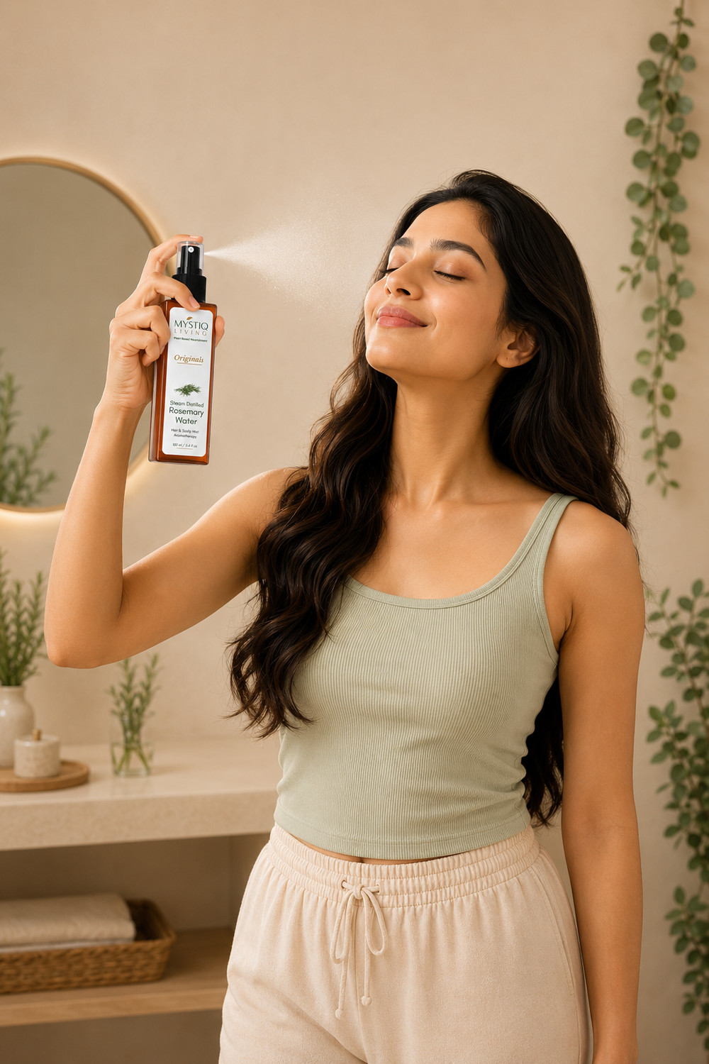 A woman with long dark hair holds a spray bottle of a hair product, spraying it towards her face in a bright, modern bathroom setting with warm beige walls and soft lighting.
