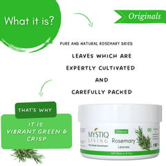 A white plastic jar of Mystiq Living Rosemary Leaves dried supplement on a white background with green graphic callouts and text explaining its natural rosemary content.