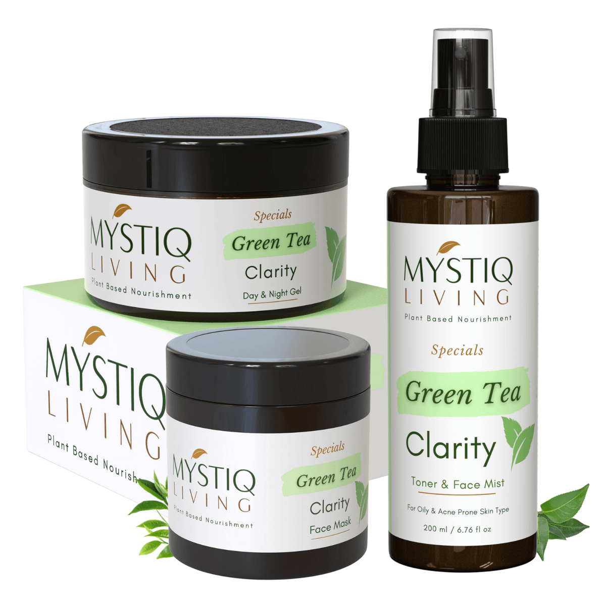 Green Tea Clarity Acne Kit (3 Products) | Complete Regime For Oily & Acne Prone Skin | Anti Acne Gel Cream, Face Mask & Face Mist Toner | Ayurvedic Formulation - Mystiq Living